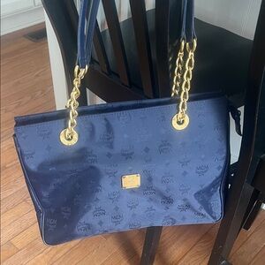 MCM Navy Shoulder Bag with Gold Chains